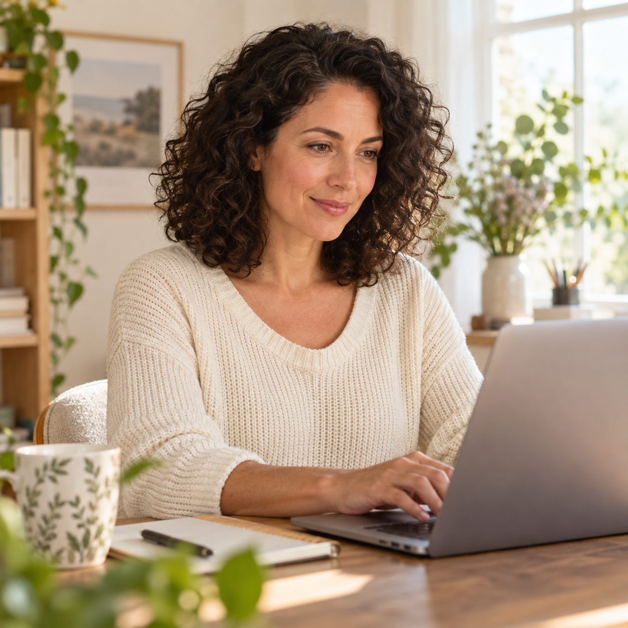 Woman working in a sunlit home office