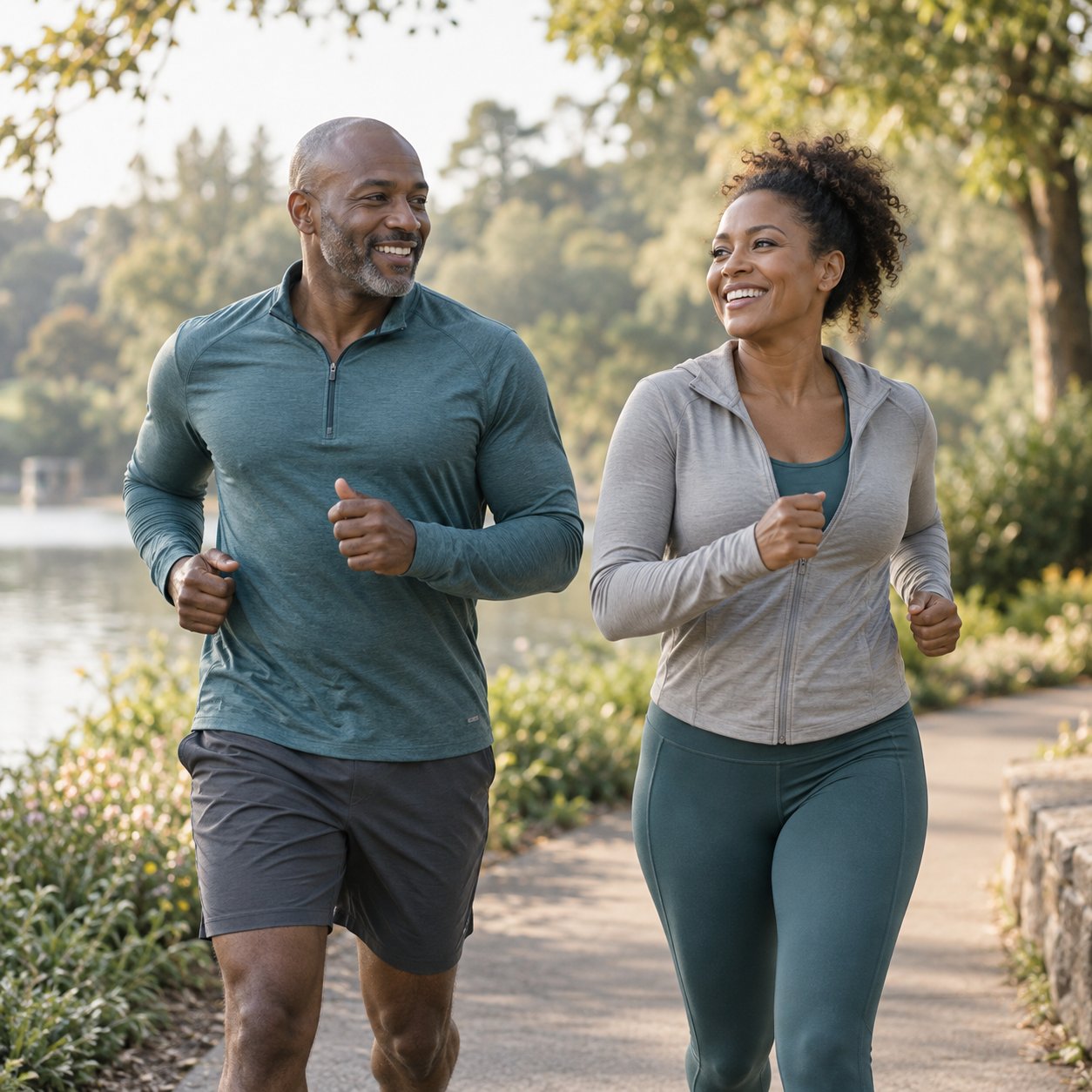 Two adults jogging together outdoors