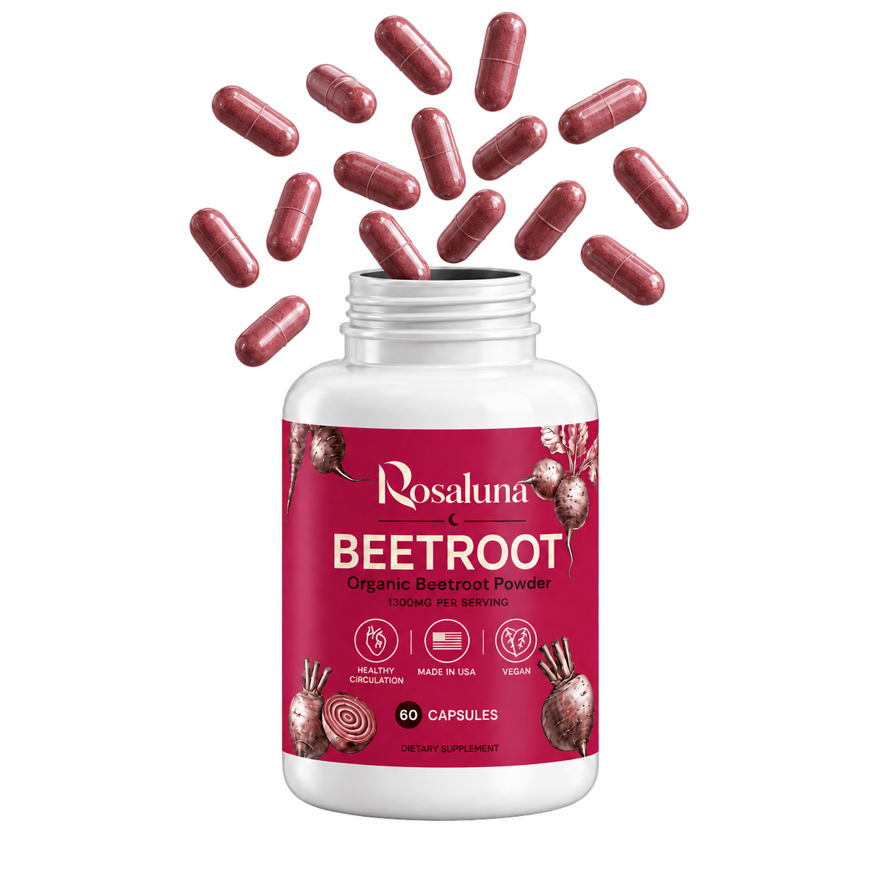 Rosaluna Beetroot bottle with capsules rising above it